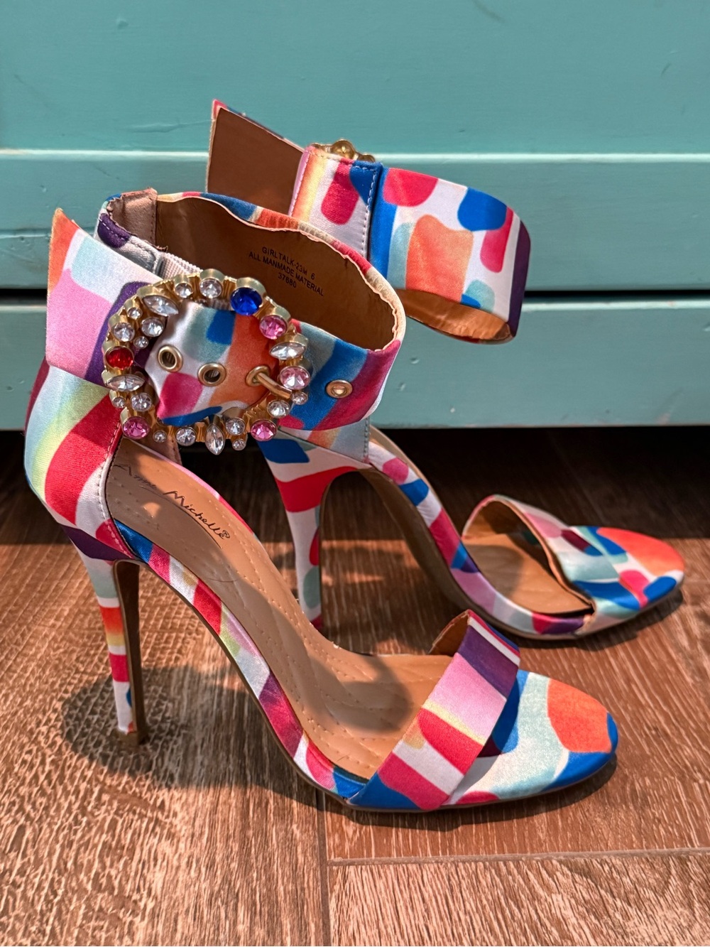Anne Michelle 4” open toe heels multicolor rhinestone SZ 6/36 FLAW